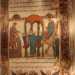 ...e la comunit della Chiesa rappresentata nel momento della benedictio cerei con un baldacchino al centro, il vescovo in alto a destra e sulla sinistra il diacono che svolge lExultet